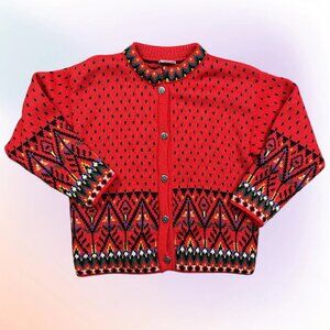 Vintage Dale of Norway Bright Red Nordic Cardigan Cottage Wool Sweater Small